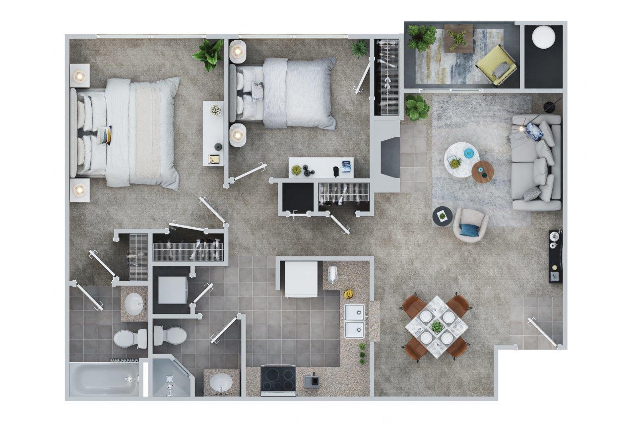 Floor plan for 2 beds, 2 baths, 918 sqft